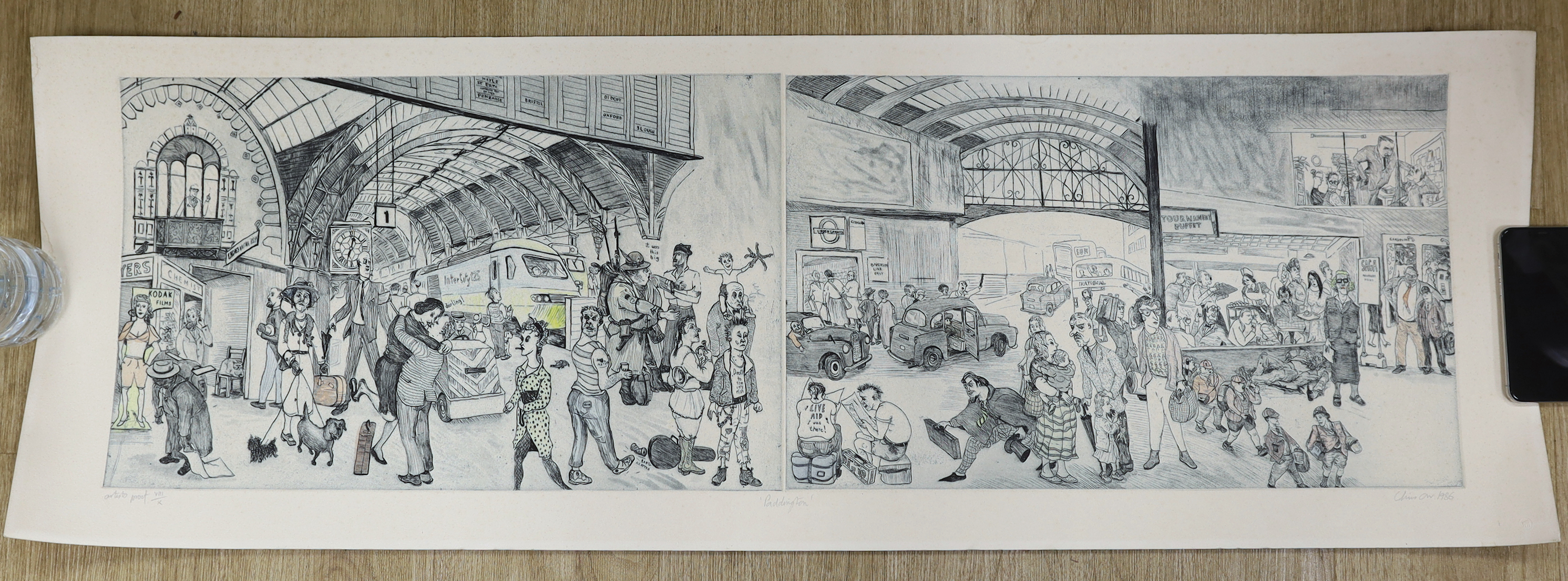 Chris Orr (British, b.1943), artist proof double etching with aquatint, two populated scenes at 'Paddington', signed and dated 1986, unframed, 122cm x 42cm